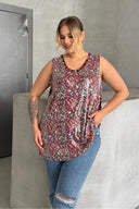 חולצה במידות גדולות צווארון V עם הדפס פאייטים ללא שרוולים 302386