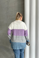 קרדיגן במידות גדולות שרוול ארוך ללא סגירה בחזית בלוקים צבעוניים 302148