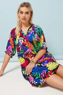 שמלה במידות גדולות צווארון V דוגמת פרחים מיני 304070