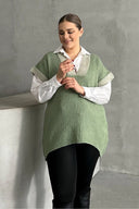 סוודר במידות גדולות צווארון V שרוול קצר טריקו 302136