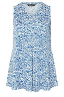 טישירט במידות גדולות צווארון V חזית עם קפלים חולצה ללא שרוולים דוגמת פרחים 322684