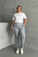 מכנסיים במידות גדולות גומי במותן גומי בשולי הקרסול עם הדפס עם כיסים 303490