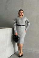 שמלה במידות גדולות צווארון V שרוול ארוך סרוגה 302335