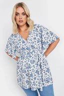 חולצה במידות גדולות צווארון V פרטי קשירה דוגמת פרחים מעטפת 321934