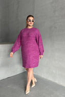 שמלה במידות גדולות שרוול ארוך צווארון עגול בד פסים 84-162