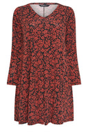 שמלה קצרה במידות גדולות שרוול ארוך צווארון V דוגמת פרחים 137668