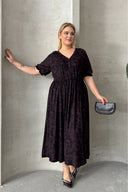 שמלה במידות גדולות שרוול קצר צווארון V עם כפתורים גומי במותן 303699