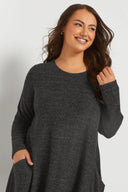 שמלה במידות גדולות מתרחב שרוול ארוך צווארון עגול עם כיסים 270083