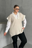 סוודר במידות גדולות צווארון V שרוול קצר טריקו 302137