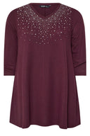 חולצה במידות גדולות צווארון V מעוטרת באבנים שרוולים מכווצים 322227