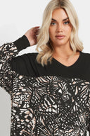 חולצה במידות גדולות צווארון V שרוול ארוך שסע קולר עם גומי 303724