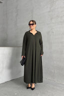 שמלה ארוכה במידות גדולות שרוול ארוך צווארון V בד במרקם מתרחבת 322182