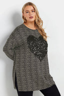 חולצה במידות גדולות שסעים בצדדים נקודות פאייטים שרוול ארוך צווארון עגול 322269