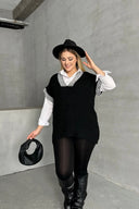 סוודר במידות גדולות צווארון V שרוול קצר טריקו 302139