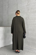 שמלה ארוכה במידות גדולות שרוול ארוך צווארון V בד במרקם מתרחבת 322182