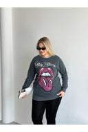 סווטשירט במידות גדולות צווארון עגול עם הדפס פרטי פאייטים מראה שטוף 301252