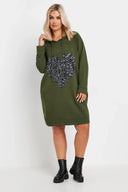 שמלה במידות גדולות שרוול ארוך קפוצ׳ון פרטי פאייטים עם כיסים 303557