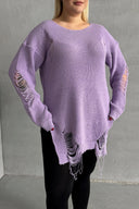 סוודר במידות גדולות שרוול ארוך צווארון עגול פרטי קרעים T-3