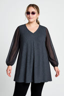 חולצה במידות גדולות ארוך שרוול טול צווארון V גומי בפרקי הידיים מבריק חולצה 78-132