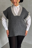 סוודר במידות גדולות צווארון V שרוול קצר טריקו 302138