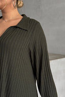 שמלה ארוכה במידות גדולות שרוול ארוך צווארון V בד במרקם מתרחבת 322182