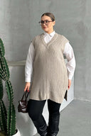 סוודר במידות גדולות צווארון V שרוול קצר טריקו 302133