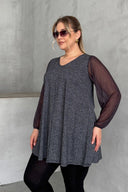 חולצה במידות גדולות ארוך שרוול טול צווארון V גומי בפרקי הידיים מבריק חולצה 78-132