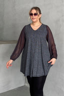 חולצה במידות גדולות ארוך שרוול טול צווארון V גומי בפרקי הידיים מבריק חולצה 78-132