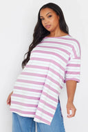 טישירט במידות גדולות צווארון עגול קצר דוגמת פסים שסעים בצדדים 303944