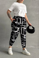 מכנסיים במידות גדולות גומי במותן גומי בשולי הקרסול עם הדפס עם כיסים 98-4