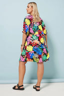 שמלה במידות גדולות צווארון V דוגמת פרחים מיני 304070