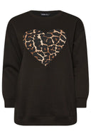 סווטשירט במידות גדולות שרוול ארוך צווארון עגול דוגמת לב מנומר 303752