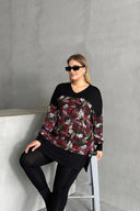 חולצה במידות גדולות לייקרה צווארון V שרוול ארוך עם הדפס 303363