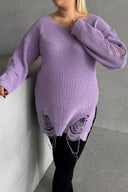 סוודר במידות גדולות שרוול ארוך צווארון עגול פרטי קרעים T-3