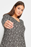 שמלה קצרה במידות גדולות שרוול ארוך צווארון V דוגמת פרחים 302740