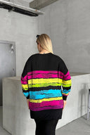 חולצה במידות גדולות צווארון V דוגמת פסים שסעים בצדדים שרוול ארוך 302014