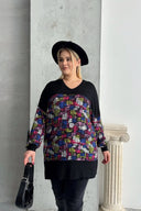 חולצה במידות גדולות שרוול ארוך צווארון V שסעים בצדדים עם הדפס חולצה 89-45