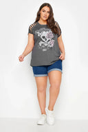 טישירט במידות גדולות צווארון עגול פרטי שרוול וכתף עם הדפס 321749