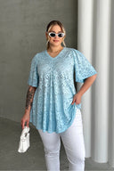 חולצה במידות גדולות צווארון V שרוול קצר פרטי תחרה ללא בטנה 302957