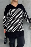 חולצה במידות גדולות צווארון V שרוול ארוך שסעים בצדדים עם הדפס פסים 303085