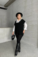 סוודר במידות גדולות צווארון V שרוול קצר טריקו 302139