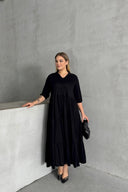 שמלה ארוכה במידות גדולות חצי שרוול צווארון V גומי במותן 302150