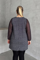 חולצה במידות גדולות ארוך שרוול טול צווארון V גומי בפרקי הידיים מבריק חולצה 78-132