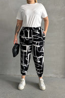 מכנסיים במידות גדולות גומי במותן גומי בשולי הקרסול עם הדפס עם כיסים 98-4