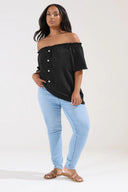 חולצה במידות גדולות כתפיים נפולות כפתורים דקורטיביים סטרפלס 322704