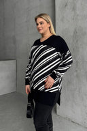 חולצה במידות גדולות צווארון V שרוול ארוך שסעים בצדדים עם הדפס פסים 303085