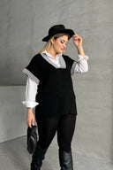 סוודר במידות גדולות צווארון V שרוול קצר טריקו 302139