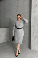 שמלה במידות גדולות צווארון V שרוול ארוך סרוגה 302335