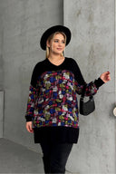 חולצה במידות גדולות שרוול ארוך צווארון V שסעים בצדדים עם הדפס חולצה 89-45