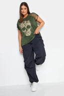 טישירט במידות גדולות פרטי שרוולים דוגמת גולגולת צווארון עגול 321124